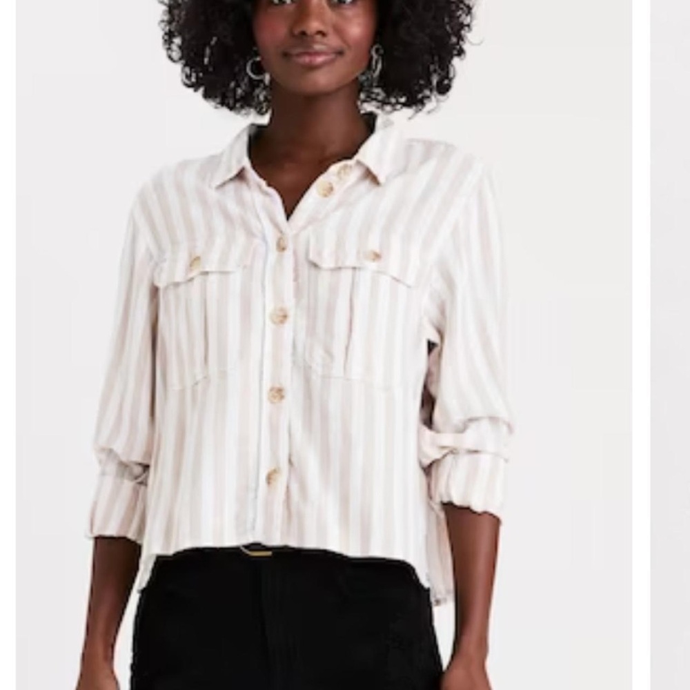 American Eagle Striped Linen Cropped Button Up Shirt Women Med Beige